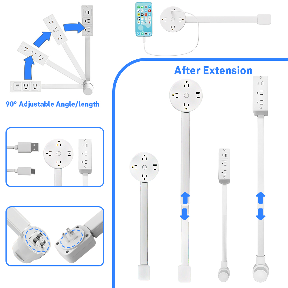 Wall Anchor Plastic - ปลั๊กต่อเติมเต้ารับไฟฟ้าแบบแท่ง, ปลั๊กพ่วงเต้ารับไฟฟ้า 180 ° แท่งต่อขยายแบบหมุนได้, สามารถยืดหดได้สำหรับปลั๊กไฟที่เข้าถึงยากหลังโซฟาและโต๊ะทำงาน,
