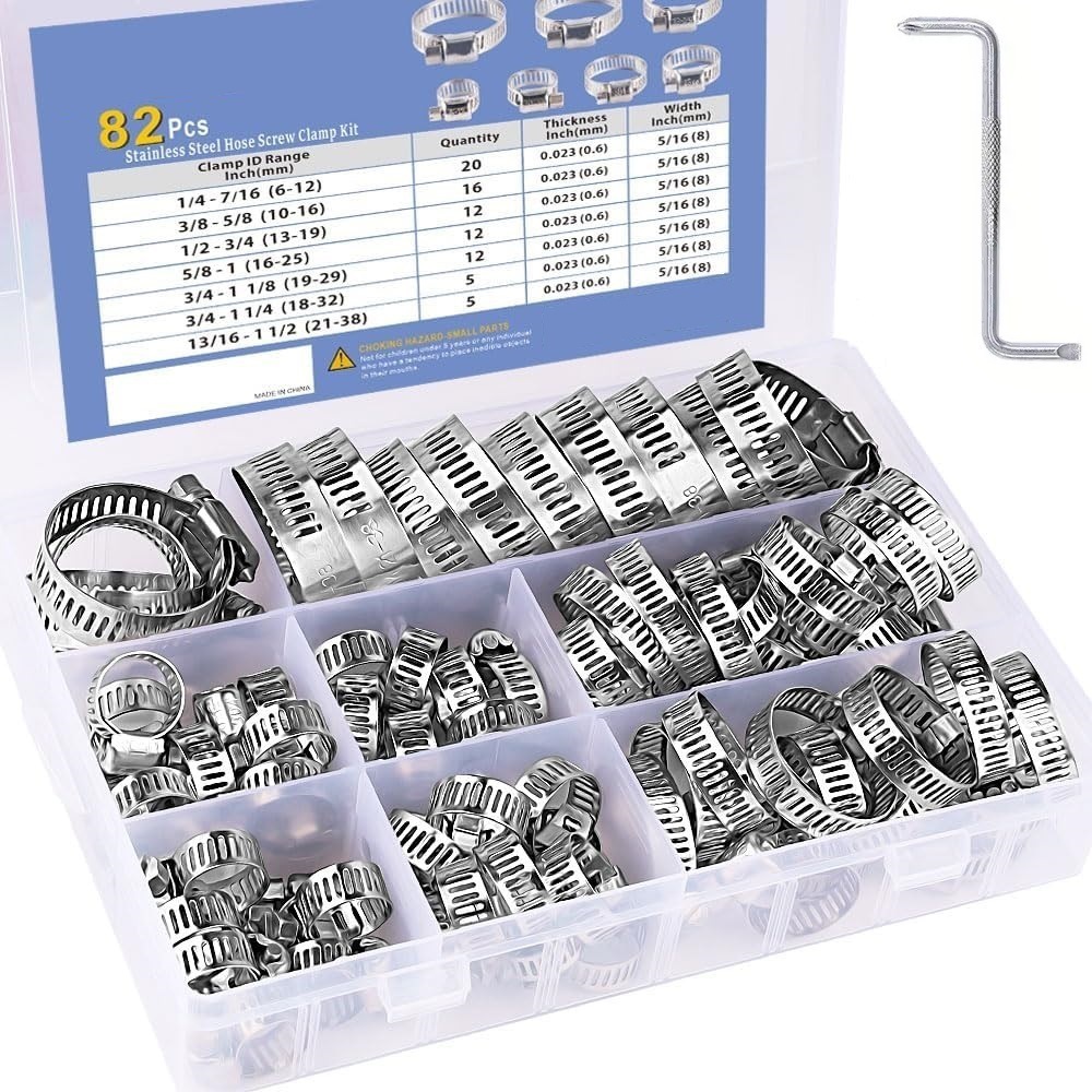 Hose Clamp Assorted - ชุดแคลมป์รัดท่อ 82 ชิ้น สแตนเลสสตีล แบบปรับได้ ขนาด