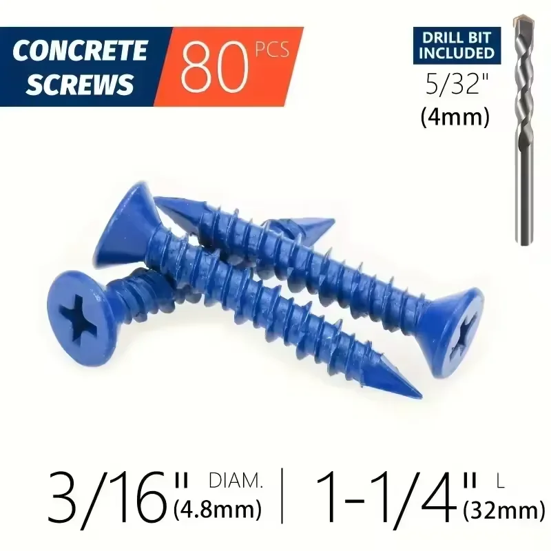 80 ชิ้นสกรูคอนกรีตสีฟ้า 3/16x1 - Drywall Anchor Screw บทวิจารณ์และราคา